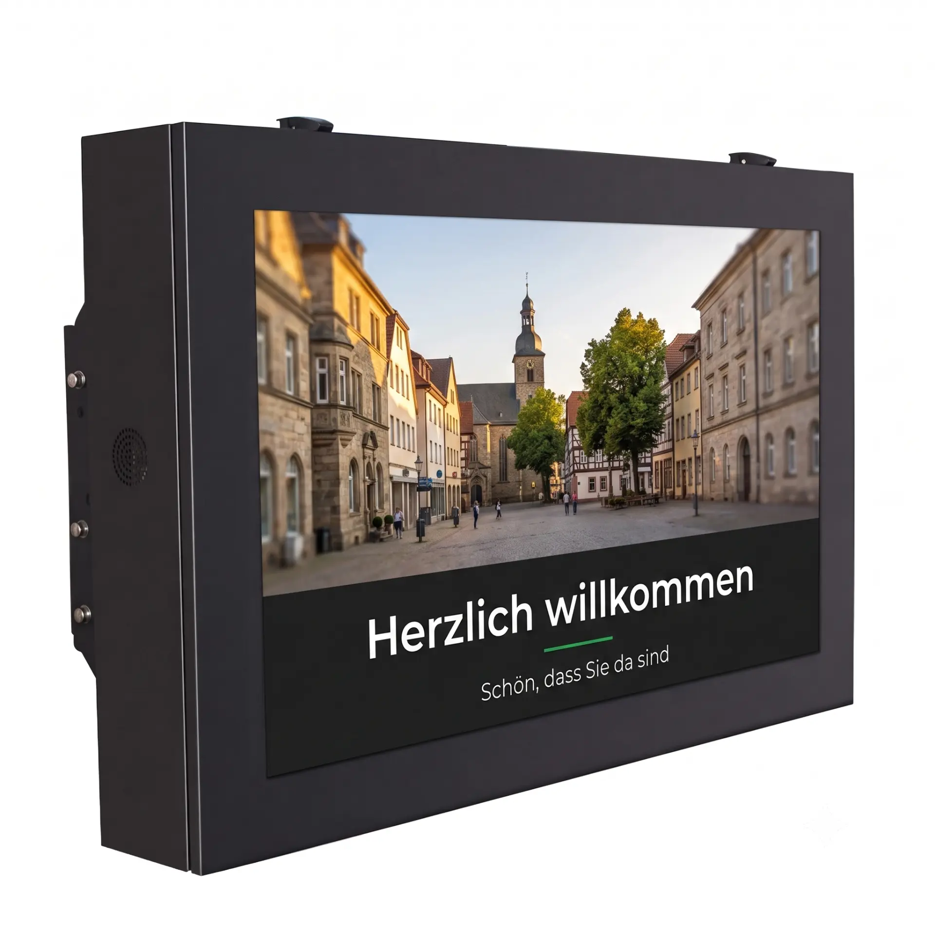 Wandmontiertes Display mit Herzlich-willkommen-Botschaft
