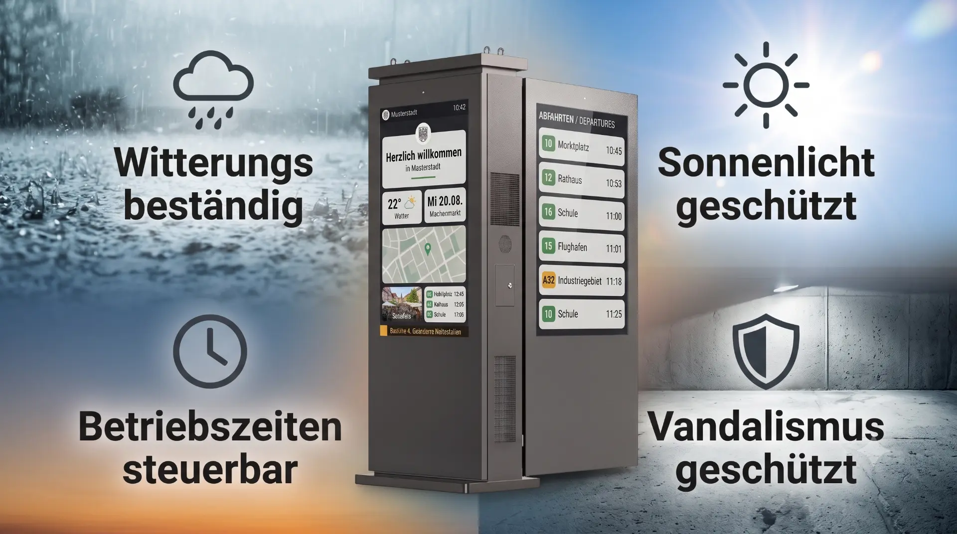 Doppelseitige Outdoor-Infostele mit Eigenschaften: witterungsbeständig, sonnenschutzgeschützt, Betriebszeiten steuerbar, vandalismusgeschützt