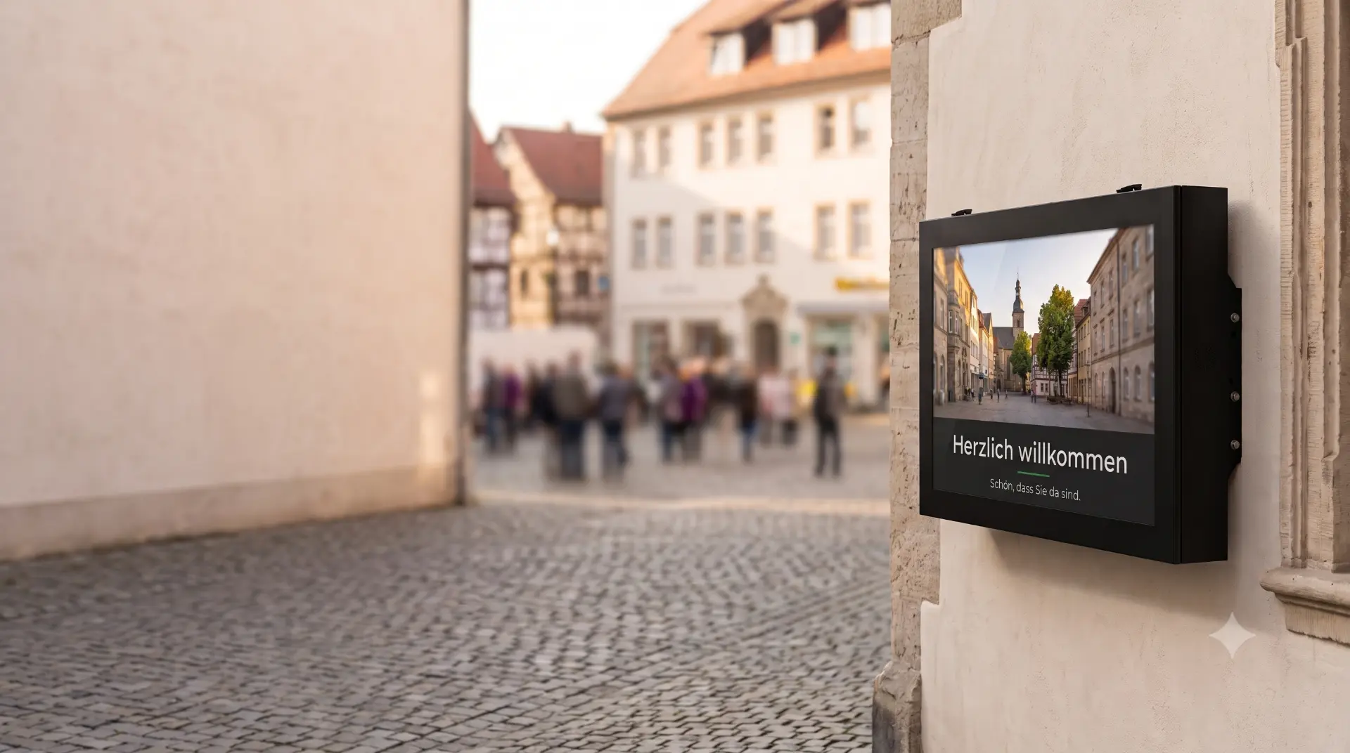 Wandmontiertes Display mit Willkommensbotschaft an einer historischen Altstadt-Fassade